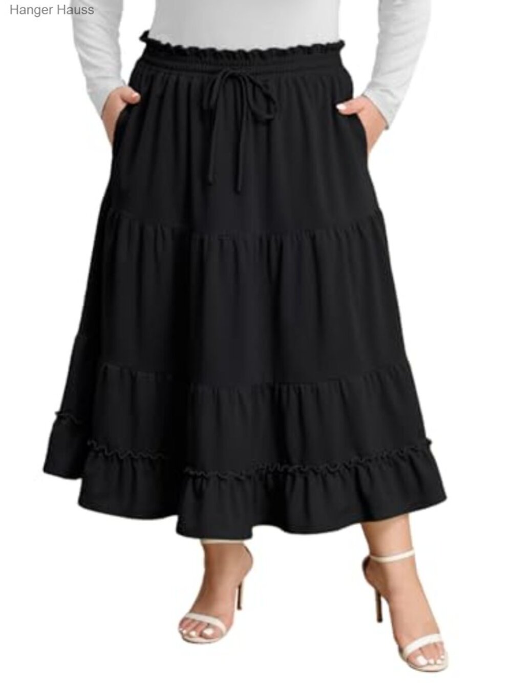 Plus Size Maxi Skirt High Waisted A-Line Tiered Flowy Long Skirt with Pockets